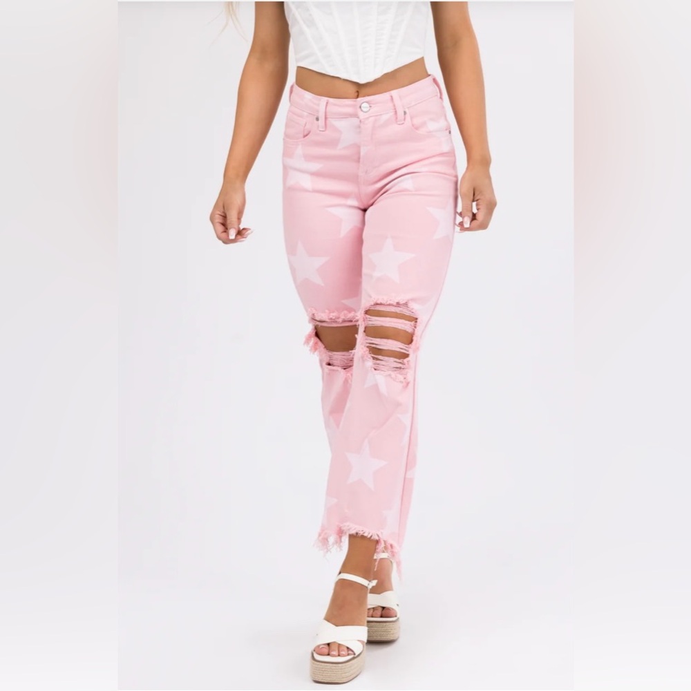 Risen Baby Pink Star Print High Rise Jeans - Picture 6 of 14
